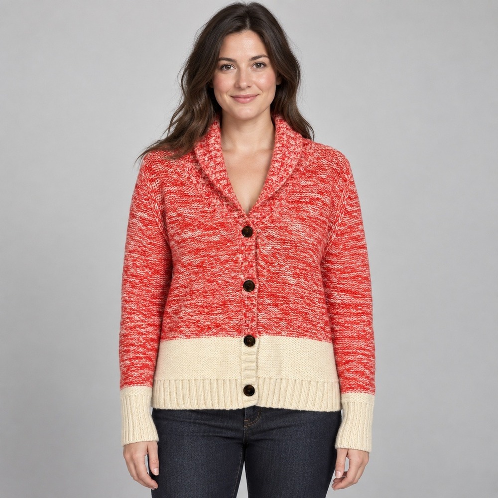 Gap Designed & Crafted Red Cream Marled Lambswool Shawl Collar Cardigan M